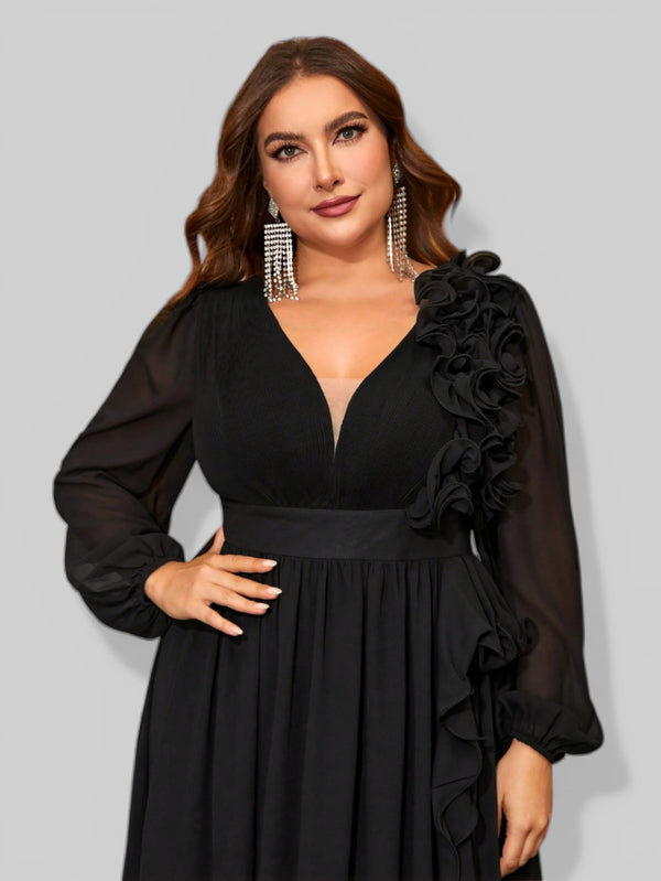 Vestido de Festa Plus Size Manga Longa Babados Savana - Aurea Dress