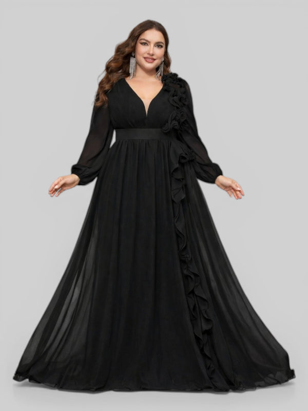 Vestido de Festa Plus Size Manga Longa Babados Savana - Aurea Dress