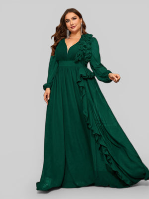 Vestido de Festa Plus Size Manga Longa Babados Savana - Aurea Dress