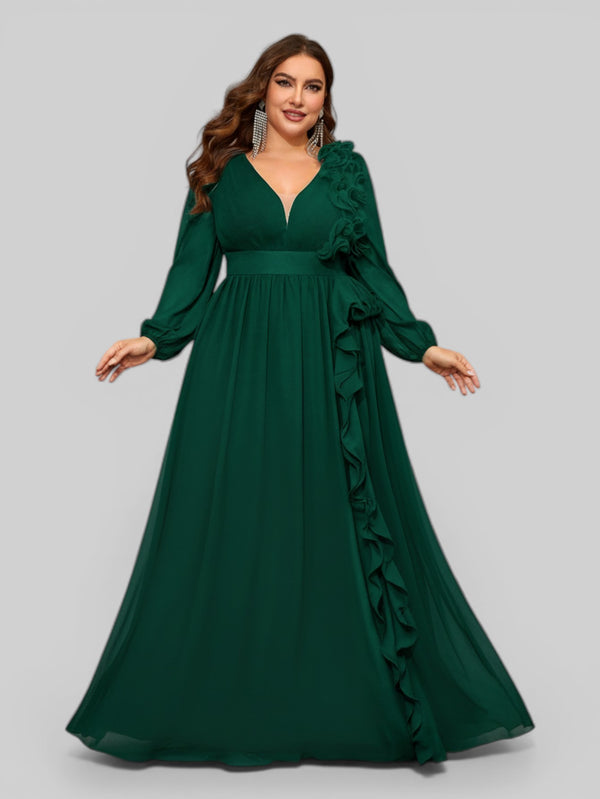 Vestido de Festa Plus Size Manga Longa Babados Savana - Aurea Dress