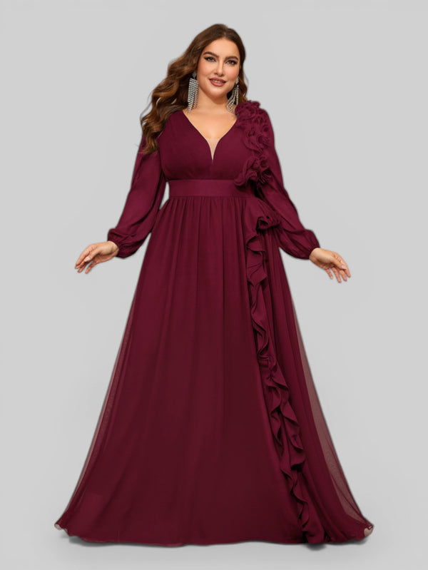 Vestido de Festa Plus Size Manga Longa Babados Savana - Aurea Dress