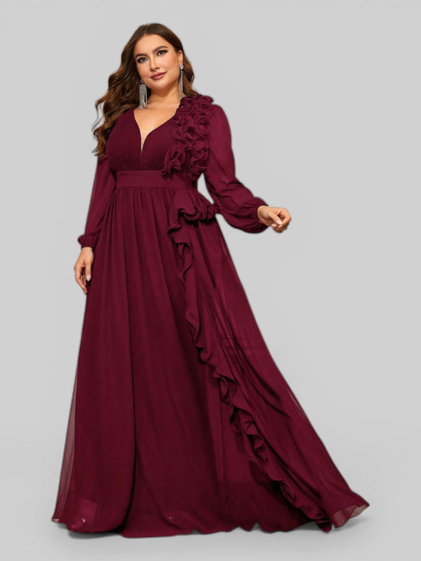 Vestido de Festa Plus Size Manga Longa Babados Savana - Aurea Dress