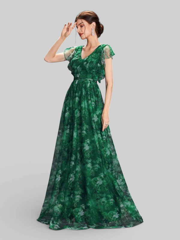 Vestido de Festa Longo Floral Babados