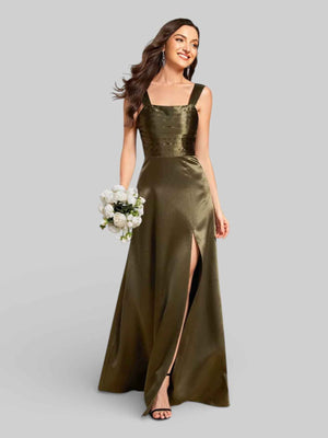 Vestido de Festa com Fenda Gola Quadrada Acetinado