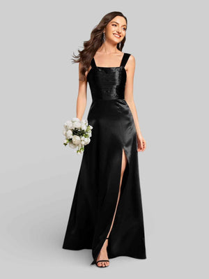Vestido de Festa com Fenda Gola Quadrada Acetinado