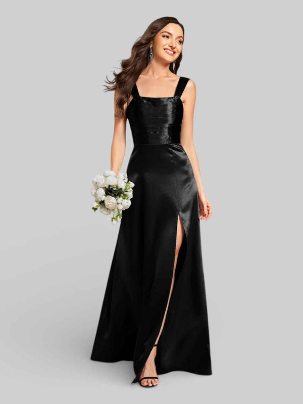 Vestido de Festa com Fenda Gola Quadrada Acetinado