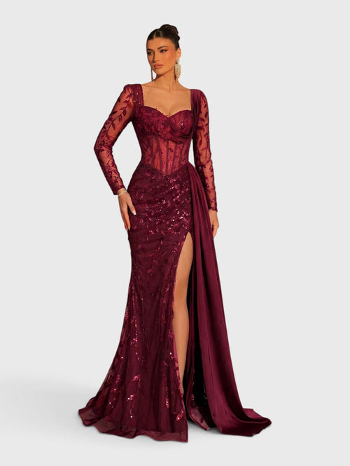 Vestido de Festa Paetê Manga Longa Cauda Dupla Noemie