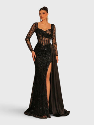 Vestido de Festa Paetê Manga Longa Cauda Dupla Noemie
