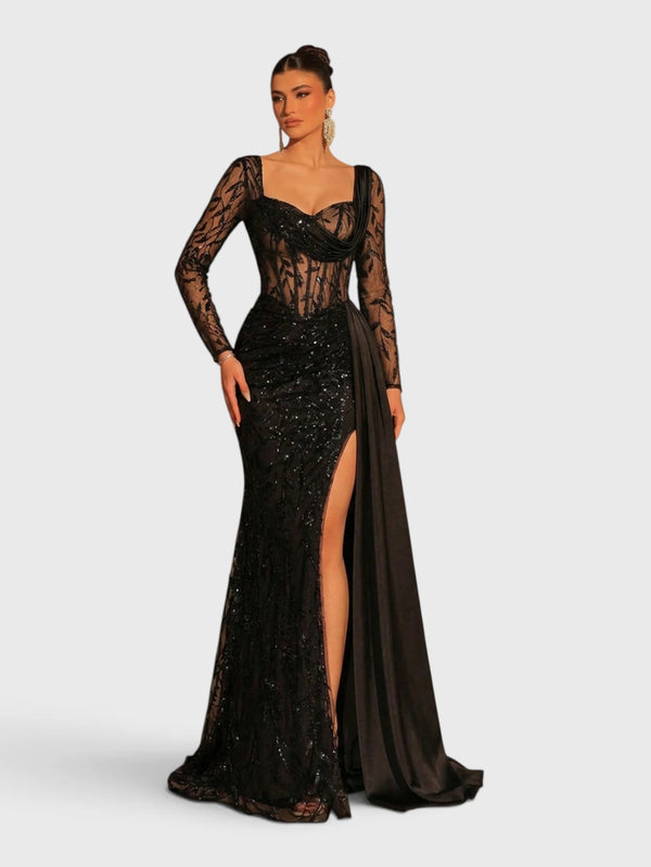 Vestido de Festa Paetê Manga Longa Cauda Dupla Noemie