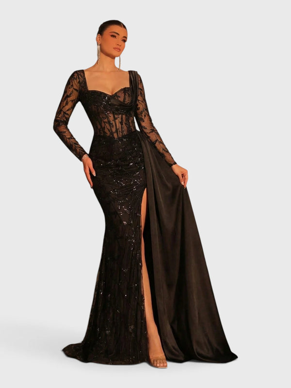 Vestido de Festa Paetê Manga Longa Cauda Dupla Noemie