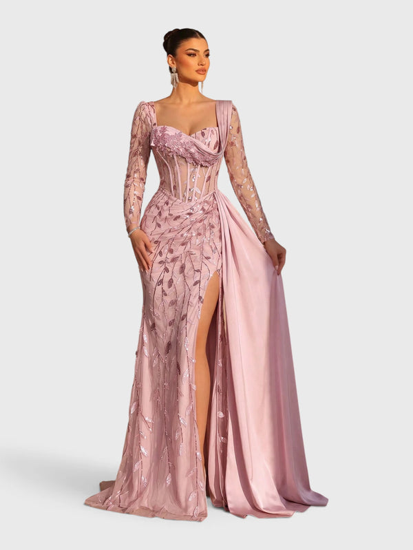 Vestido de Festa Paetê Manga Longa Cauda Dupla Noemie