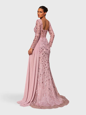 Vestido de Festa Paetê Manga Longa Cauda Dupla Noemie