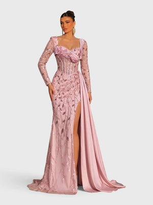 Vestido de Festa Paetê Manga Longa Cauda Dupla Noemie