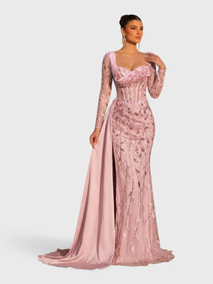 Vestido de Festa Paetê Manga Longa Cauda Dupla Noemie