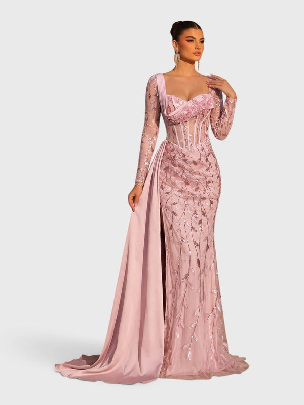 Vestido de Festa Paetê Manga Longa Cauda Dupla Noemie