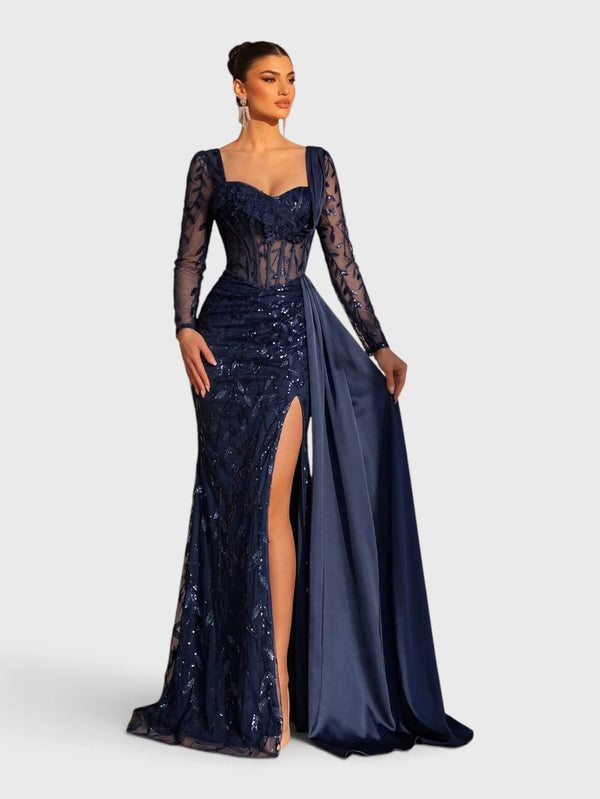Vestido de Festa Paetê Manga Longa Cauda Dupla Noemie