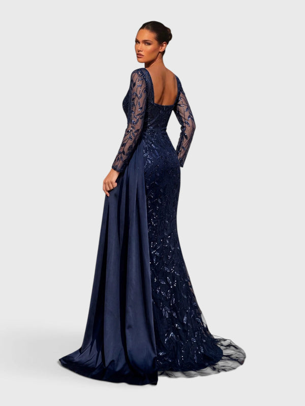 Vestido de Festa Paetê Manga Longa Cauda Dupla Noemie