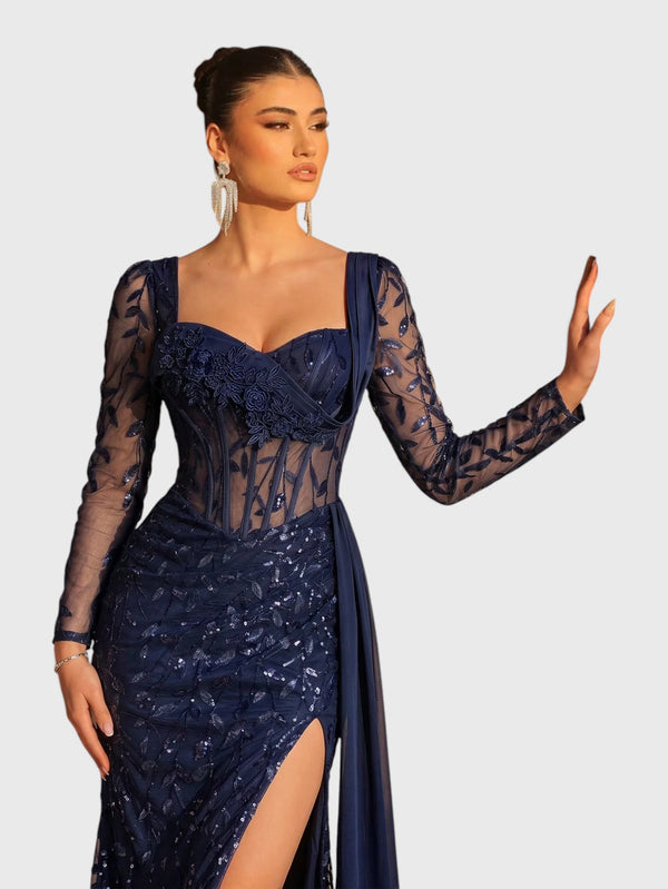 Vestido de Festa Paetê Manga Longa Cauda Dupla Noemie