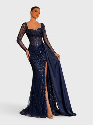Vestido de Festa Paetê Manga Longa Cauda Dupla Noemie