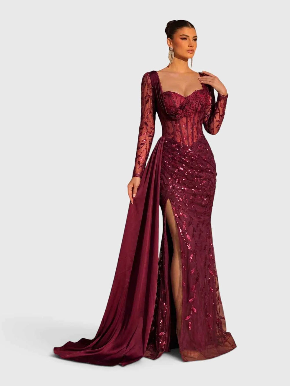 Vestido de Festa Paetê Manga Longa Cauda Dupla Noemie