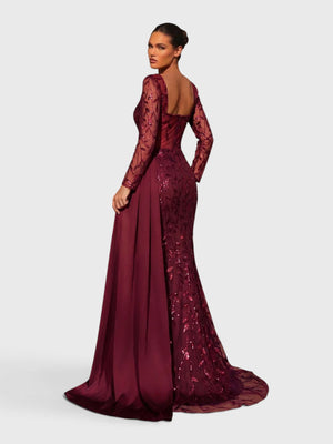 Vestido de Festa Paetê Manga Longa Cauda Dupla Noemie