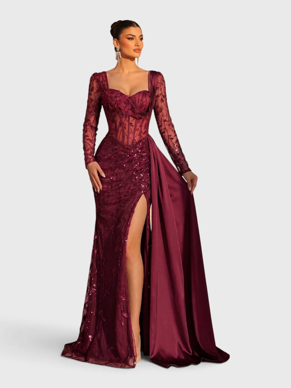 Vestido de Festa Paetê Manga Longa Cauda Dupla Noemie