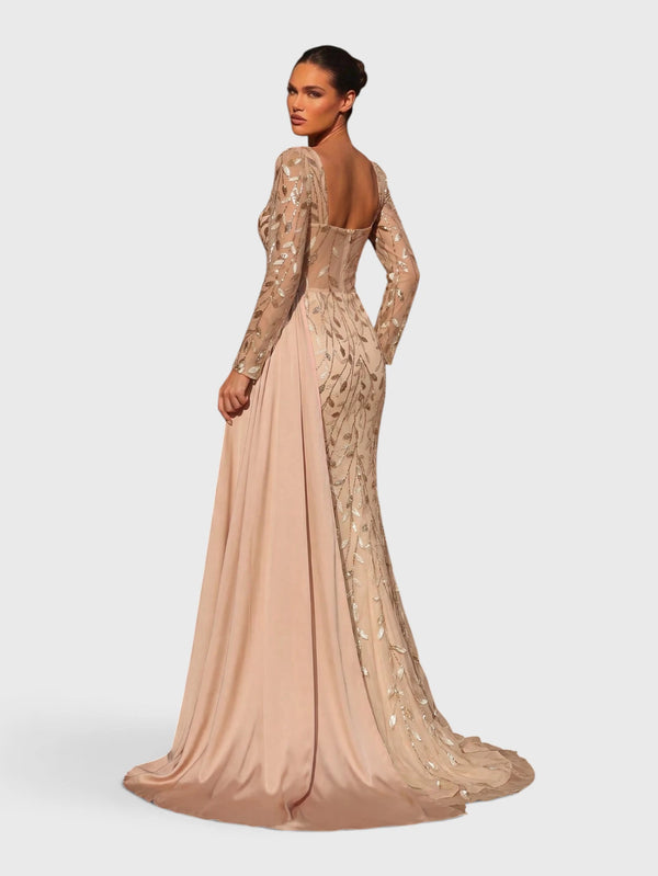 Vestido de Festa Paetê Manga Longa Cauda Dupla Noemie