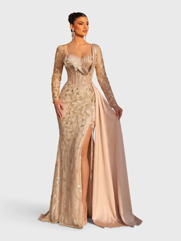 Vestido de Festa Paetê Manga Longa Cauda Dupla Noemie