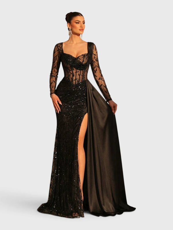 Vestido de Festa Paetê Manga Longa Cauda Dupla Noemie