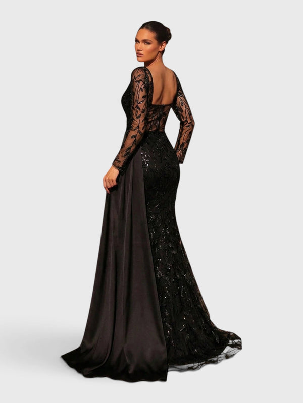 Vestido de Festa Paetê Manga Longa Cauda Dupla Noemie