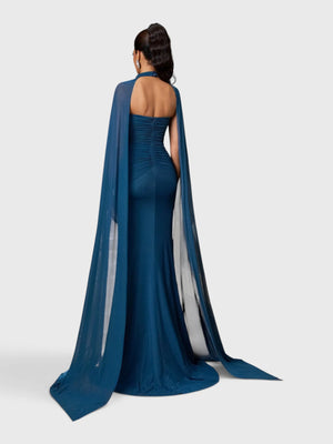 Vestido de Festa Longo Gola Halter com Capa Pedrarias Five
