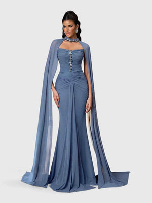 Vestido de Festa Longo Gola Halter com Capa Pedrarias Five