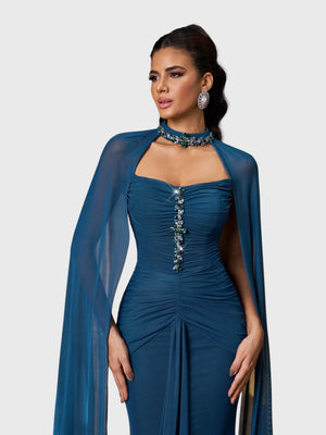 Vestido de Festa Longo Gola Halter com Capa Pedrarias Five