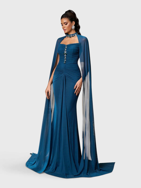 Vestido de Festa Longo Gola Halter com Capa Pedrarias Five