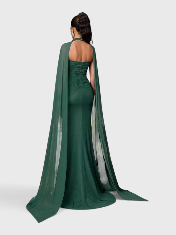 Vestido de Festa Longo Gola Halter com Capa Pedrarias Five
