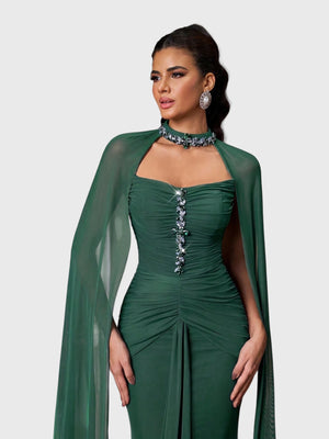 Vestido de Festa Longo Gola Halter com Capa Pedrarias Five