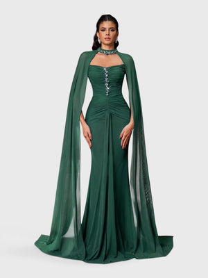 Vestido de Festa Longo Gola Halter com Capa Pedrarias Five