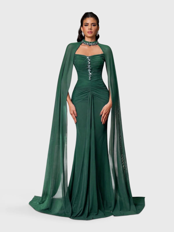 Vestido de Festa Longo Gola Halter com Capa Pedrarias Five