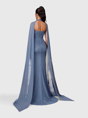 Vestido de Festa Longo Gola Halter com Capa Pedrarias Five