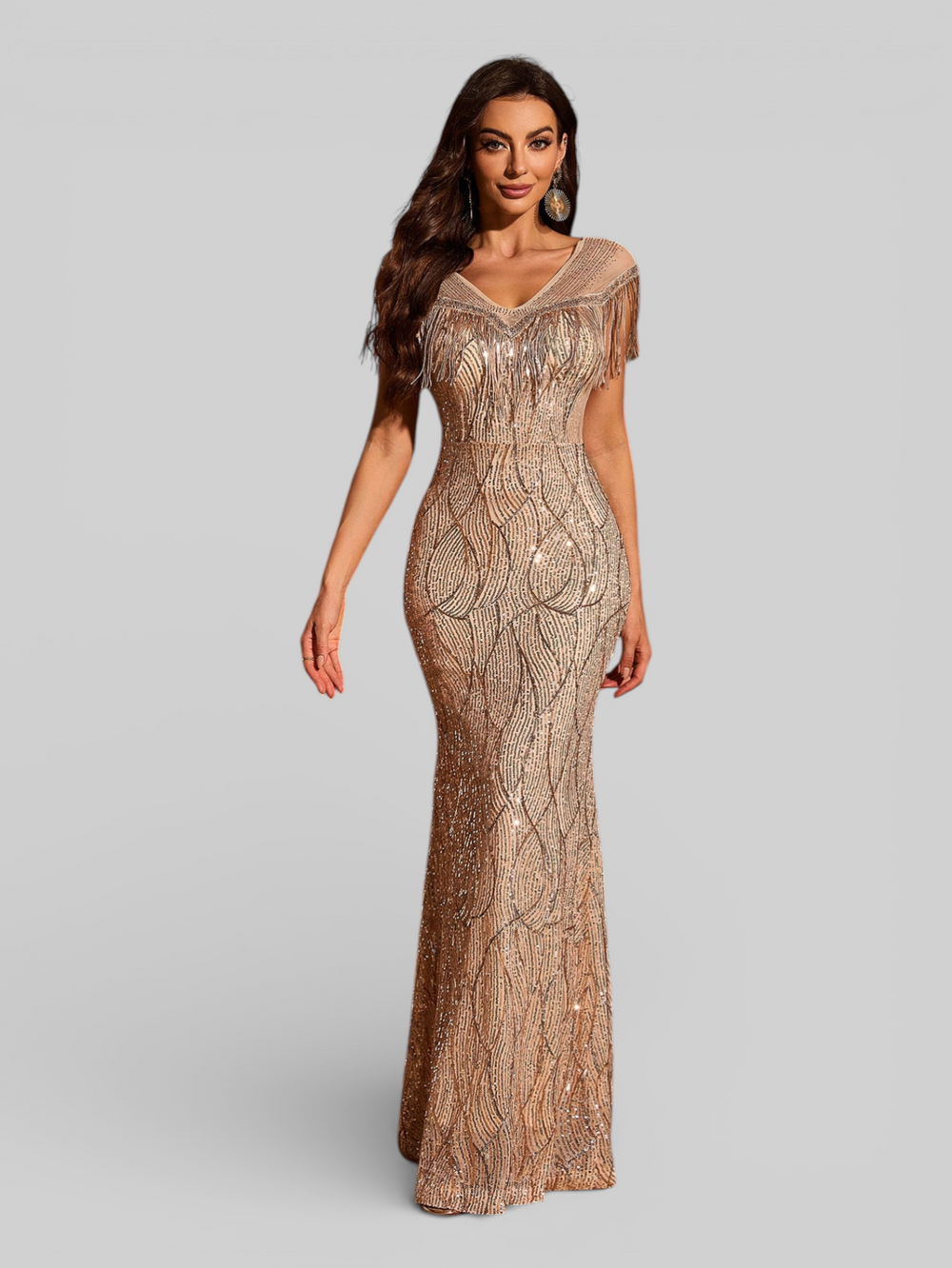 Vestido de Festa Longo Paetê com Franjas Santorini