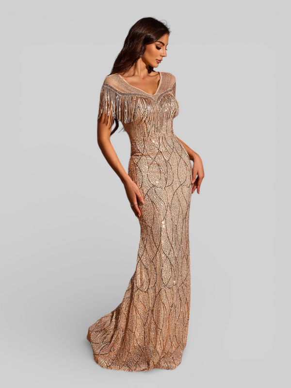 Vestido de Festa Longo Paetê com Franjas Santorini