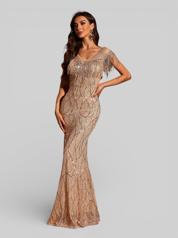 Vestido de Festa Longo Paetê com Franjas Santorini