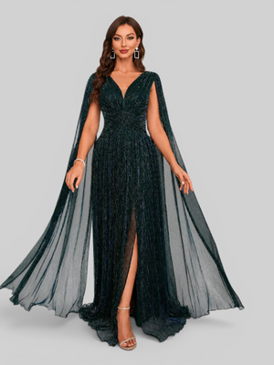 Vestido de Festa Longo Lurex Metalizado com Capa Dupla Amélia