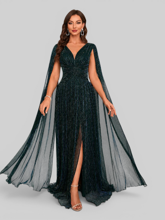 Vestido de Festa Longo Lurex Metalizado com Capa Dupla Amélia