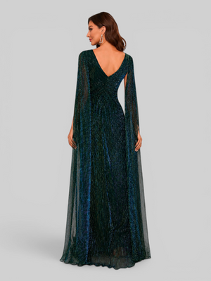 Vestido de Festa Longo Lurex Metalizado com Capa Dupla Amélia