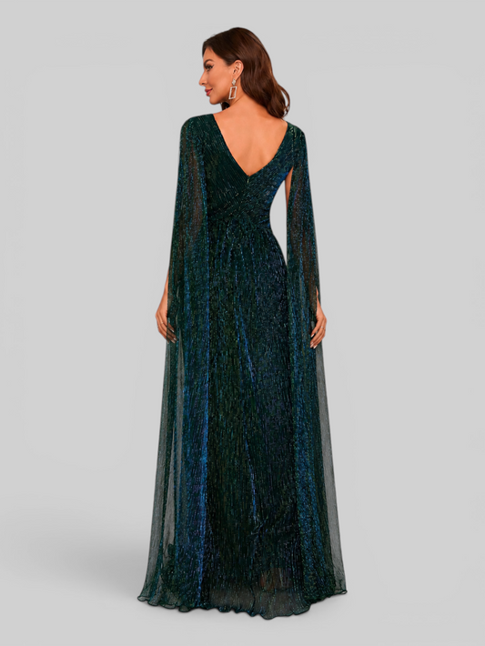 Vestido de Festa Longo Lurex Metalizado com Capa Dupla Amélia