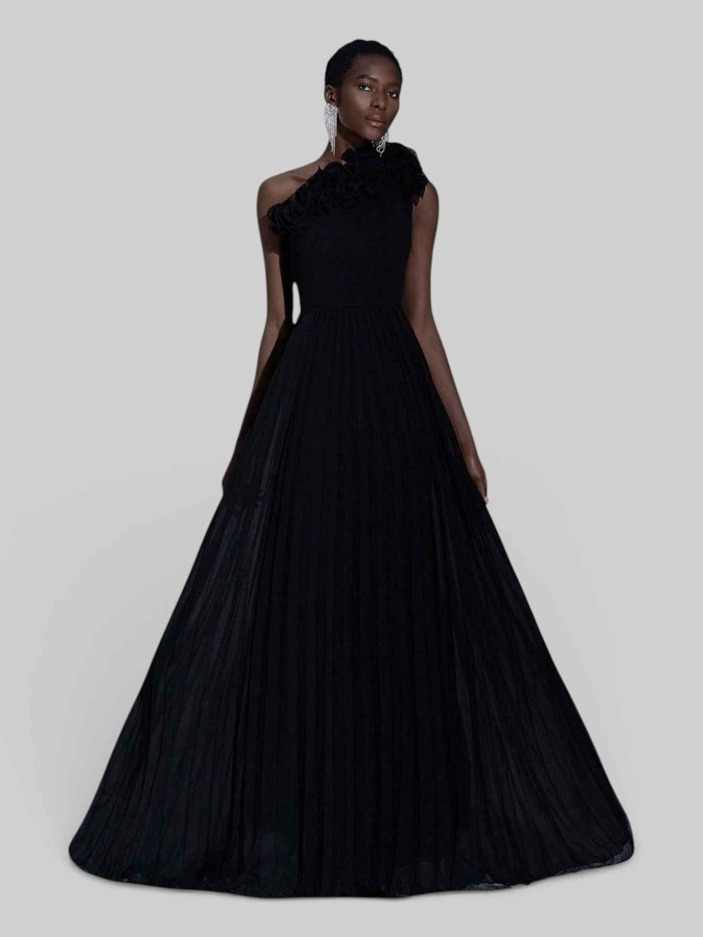 Vestido Longo de Festa Plissado com Flores