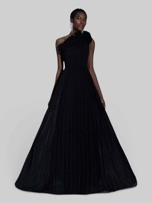 Vestido Longo de Festa Plissado com Flores