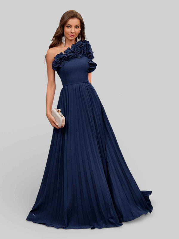 Vestido Longo de Festa Plissado com Flores