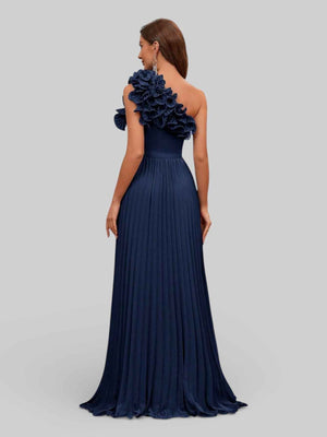 Vestido Longo de Festa Plissado com Flores